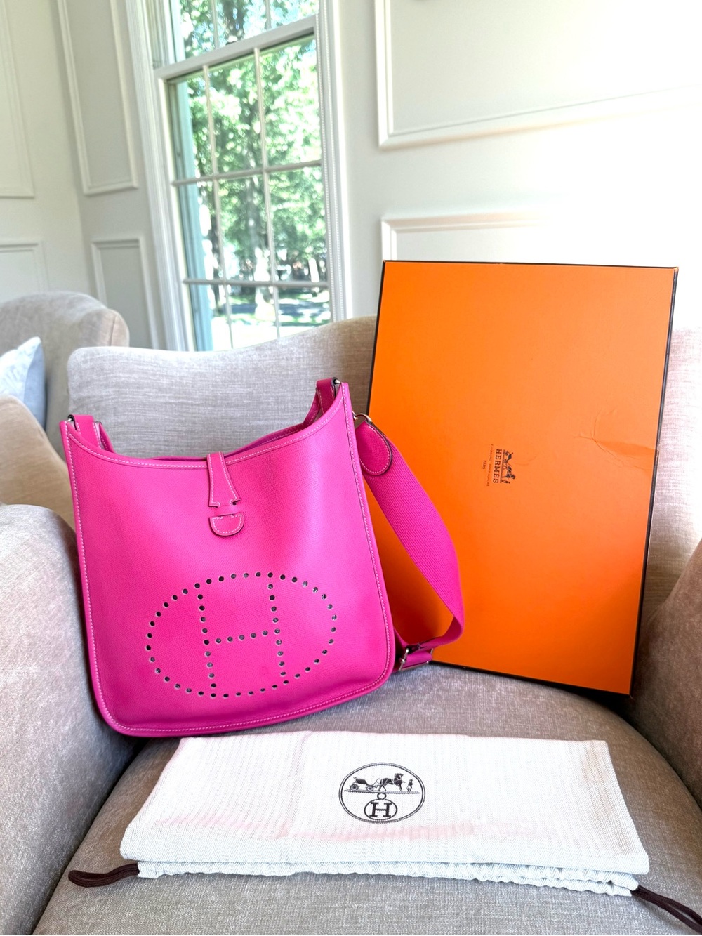 Authentic Hermès Evelyne 3PM Crossbody Bag epsom leather rose tyrien pink